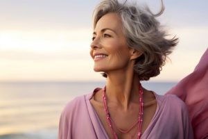 Portrait of a senior woman, a breast cancer survivor, looking hopeful and positive about her future.