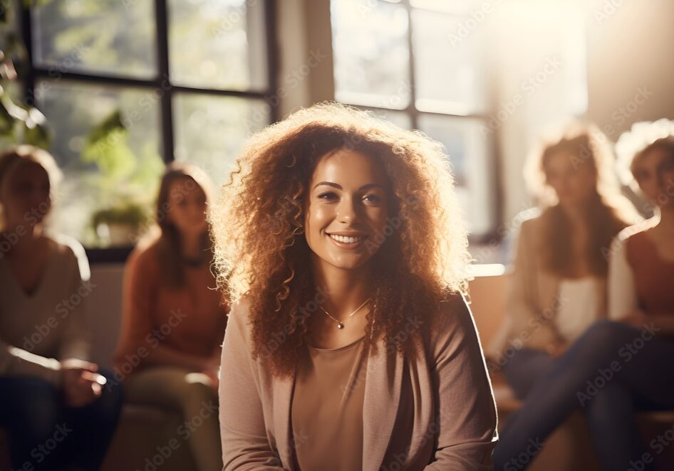 A photograph of a woman smiling and looking directly at a camera.