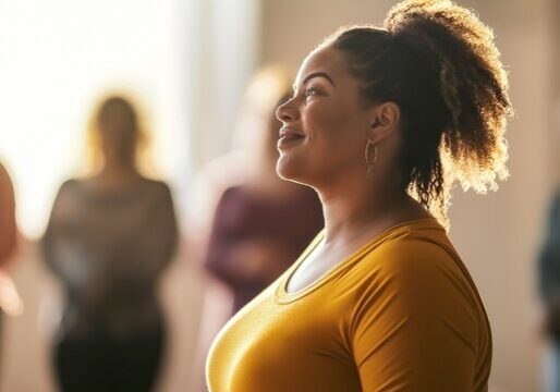 A smiling woman shown in profile.